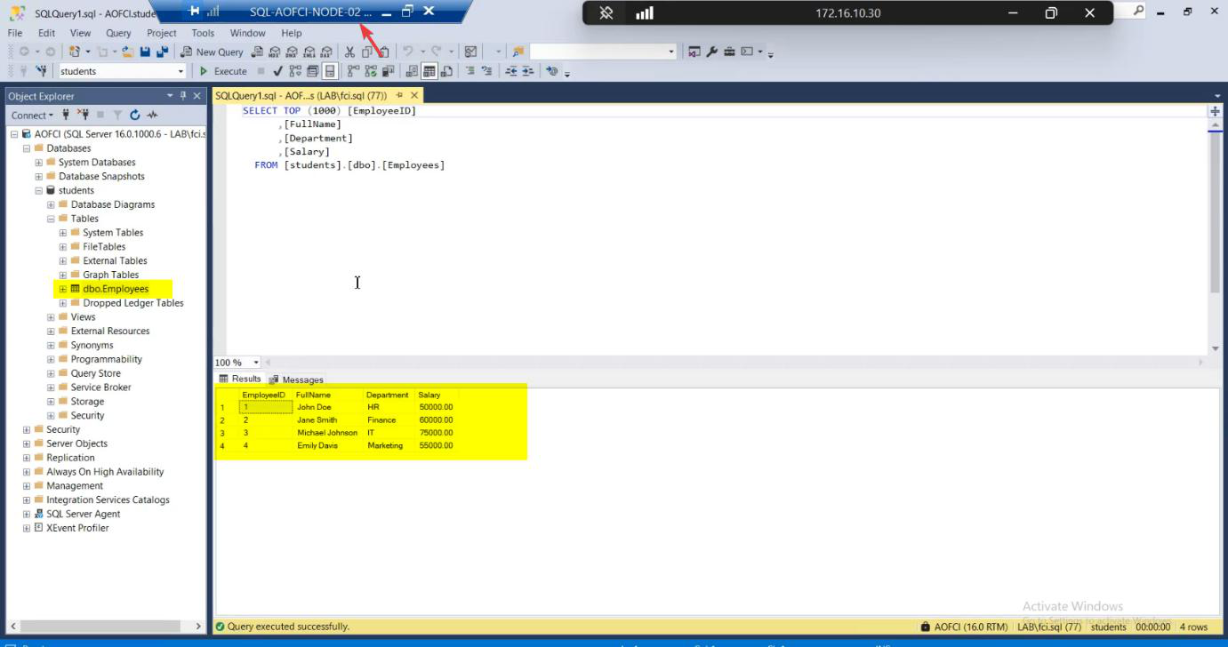 SSMS on Node-02 reconnected to AOFCI after the failover with SELECT * FROM Employees returning the original baseline rows, the read test confirming data is intact