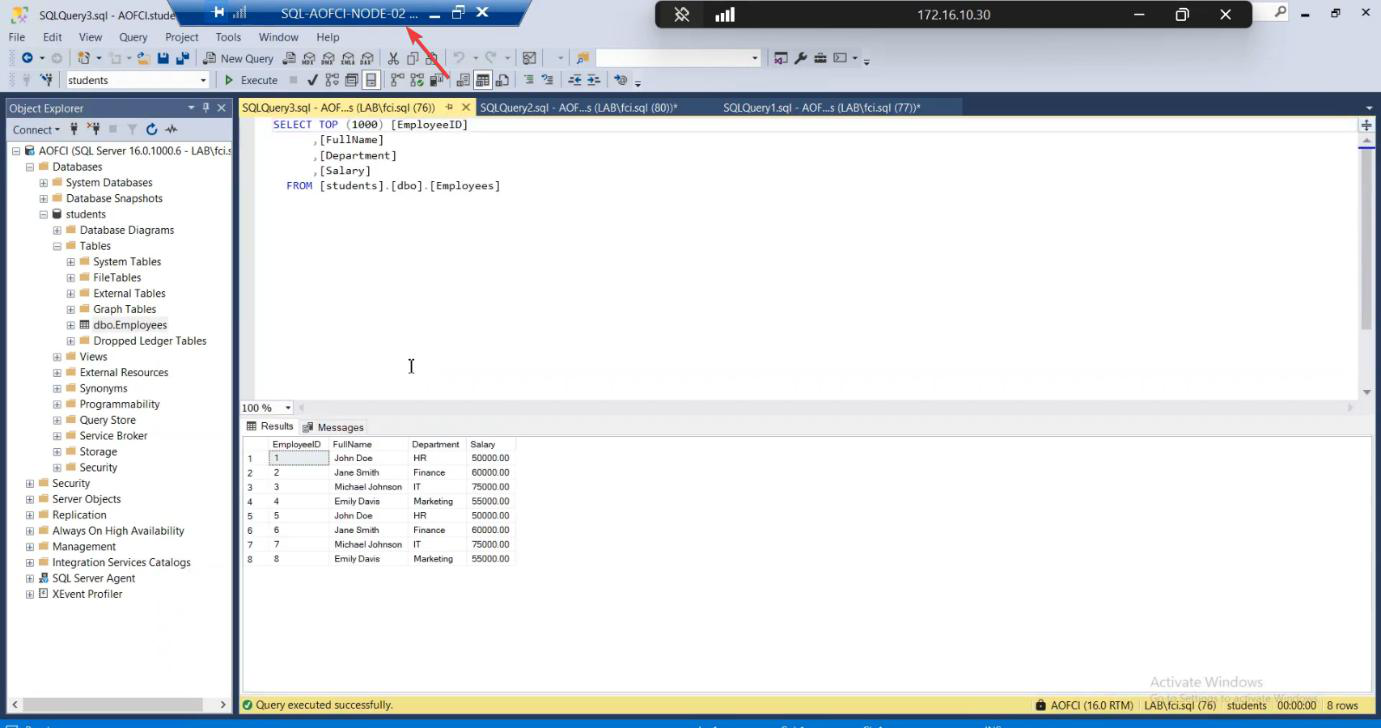 Result pane showing the new row successfully inserted with row count 1 affected, the verification that SQL is fully operational on the failover node