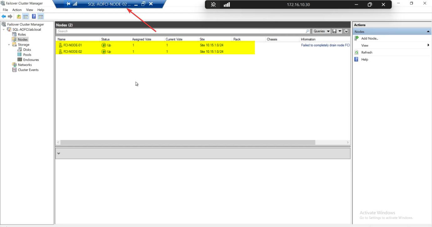 FCM Nodes pane after Node-01 recovery with both Node-01 and Node-02 showing status Up, the cluster is healthy again with full redundancy