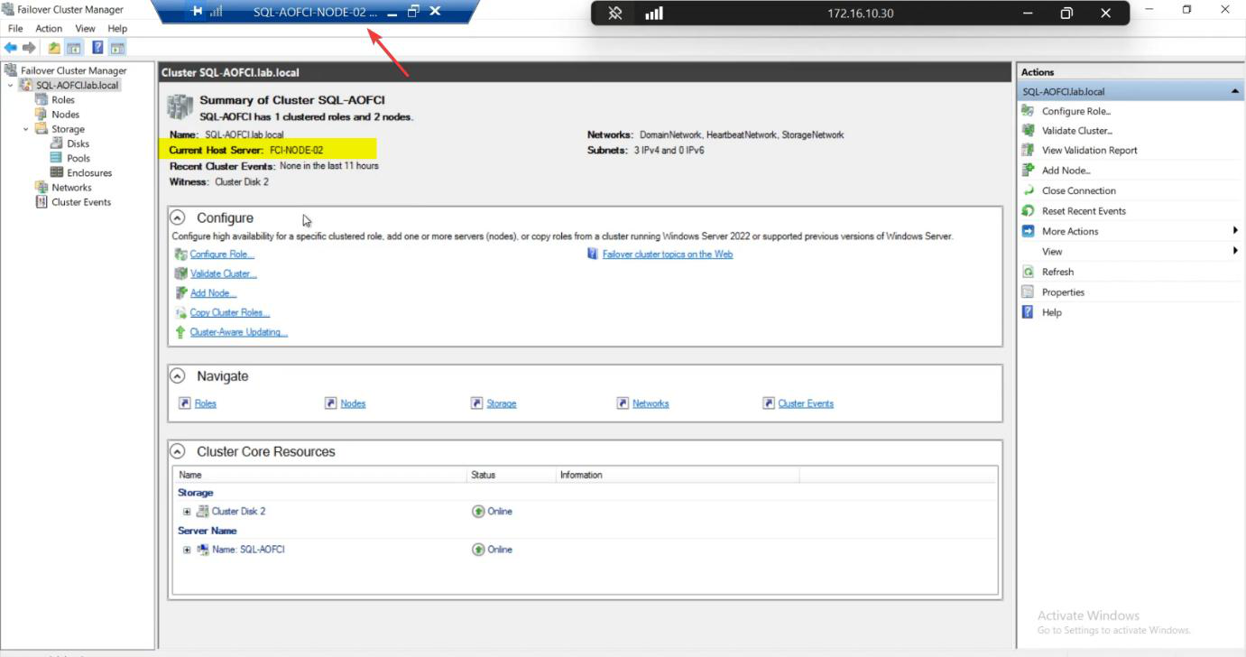 FCM Roles pane showing the SQL Server role still owned by Node-02 even after Node-01 came back, the default no-auto-failback behaviour that prevents flapping