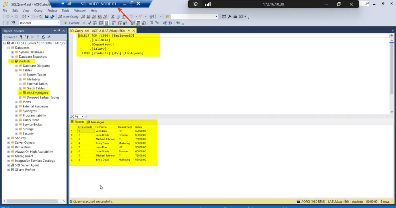 SSMS on Node-01 (the recovered node) connecting to AOFCI and querying the Employees table to see the New Row inserted while Node-01 was offline, confirming sync is perfect