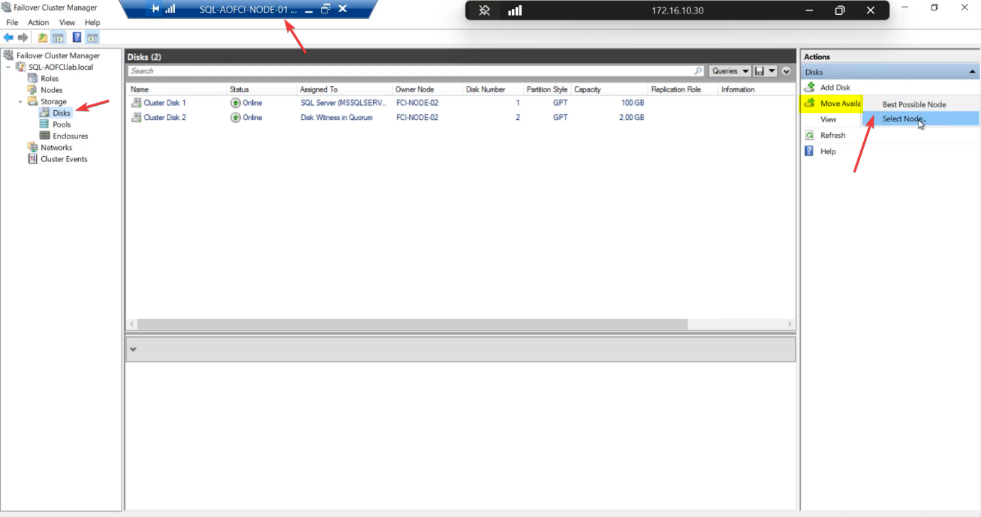 FCM right-click context menu on the SQL Server role showing Move > Select Node menu item ready to perform a manual failback” /><figcaption>Optional: manual failback. Right-click role > Move > Select Node.</figcaption></figure>
<figure class=