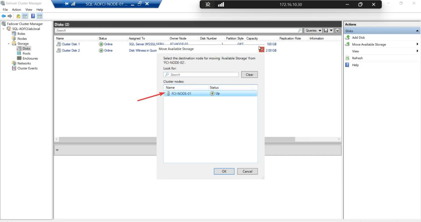 Move Clustered Role dialog with Node-01 selected as the target, the manual move operation that returns ownership to the original primary node when ready
