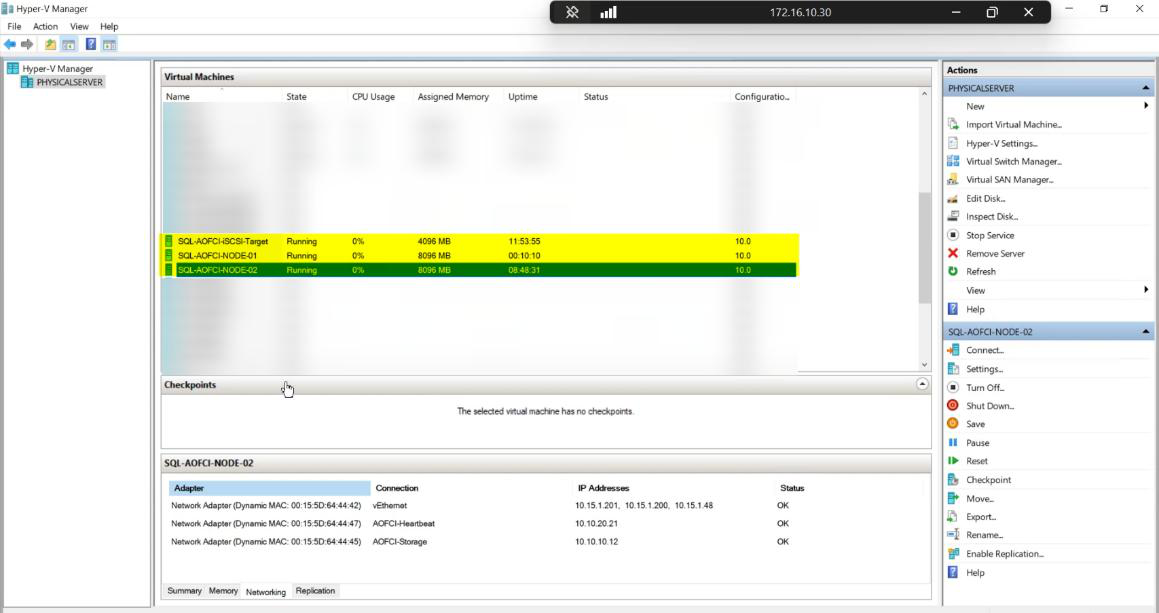 Hyper-V Manager showing the existing three VMs in the lab: DC, Node-01, Node-02, iSCSI-Target, the starting point before adding the new Node-03 VM