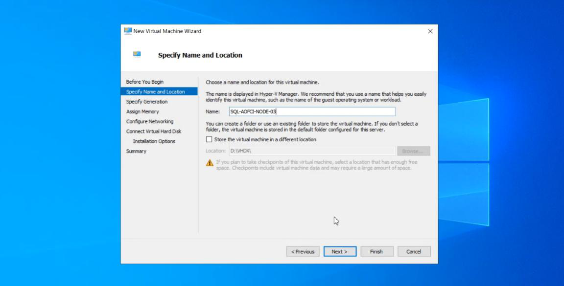 Hyper-V New Virtual Machine Wizard creating Node-03 with the same Windows Server version as Node-01 and Node-02 to maintain the symmetric cluster requirement