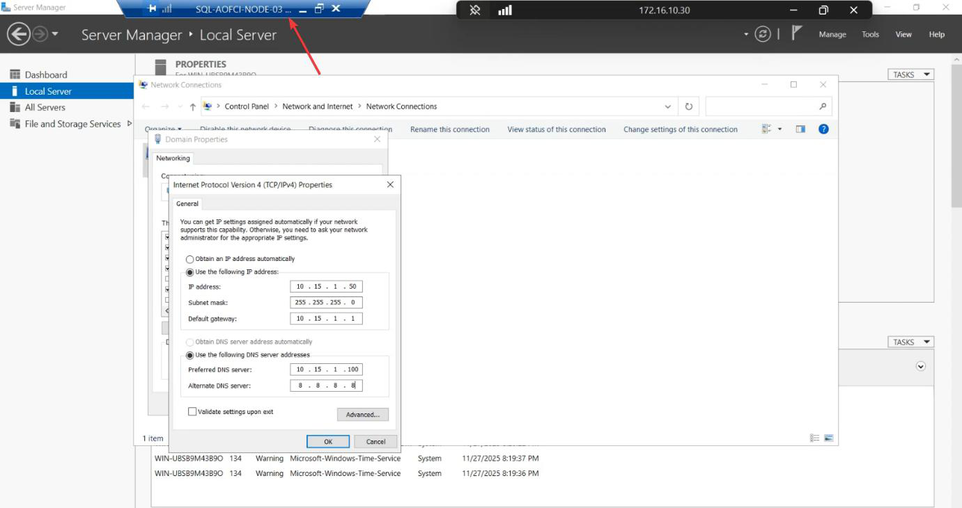 Network and Sharing Center on the new Node-03 with the Public adapter assigned static IP 10.15.1.50 ready for domain join to infotechninja.local