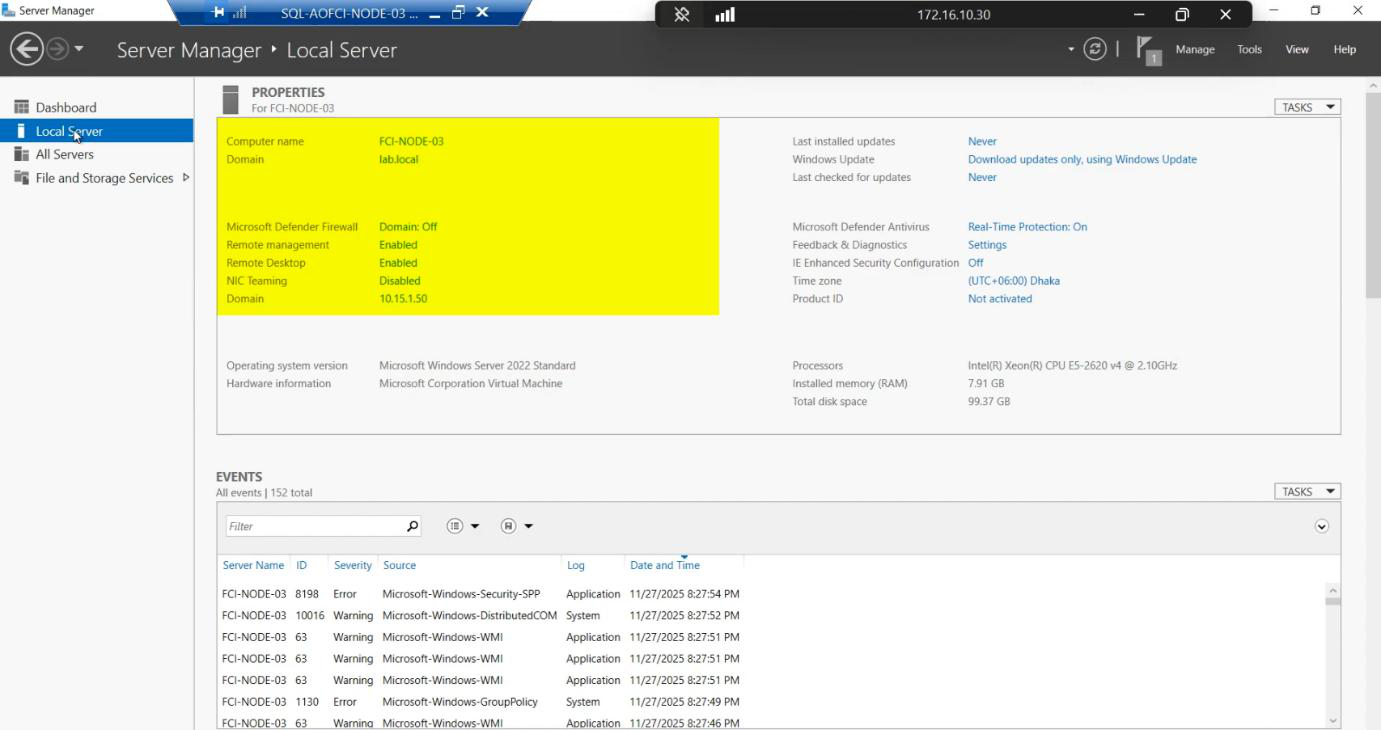 Windows login screen on Node-03 with the svc_sql service account being used for sign-in following the same convention as Node-01 and Node-02