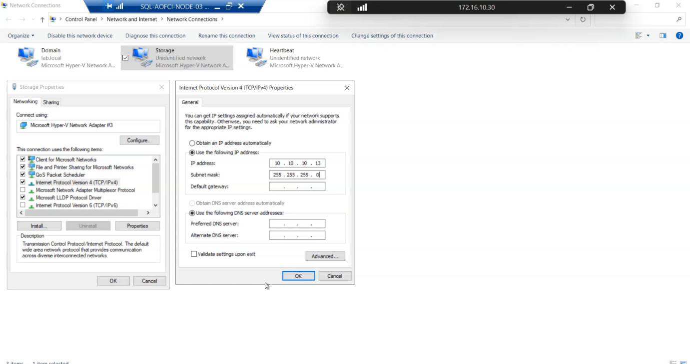 Network Connections on Node-03 showing the Storage adapter renamed and assigned IP 10.10.10.13 with the standard subnet mask matching the storage VLAN