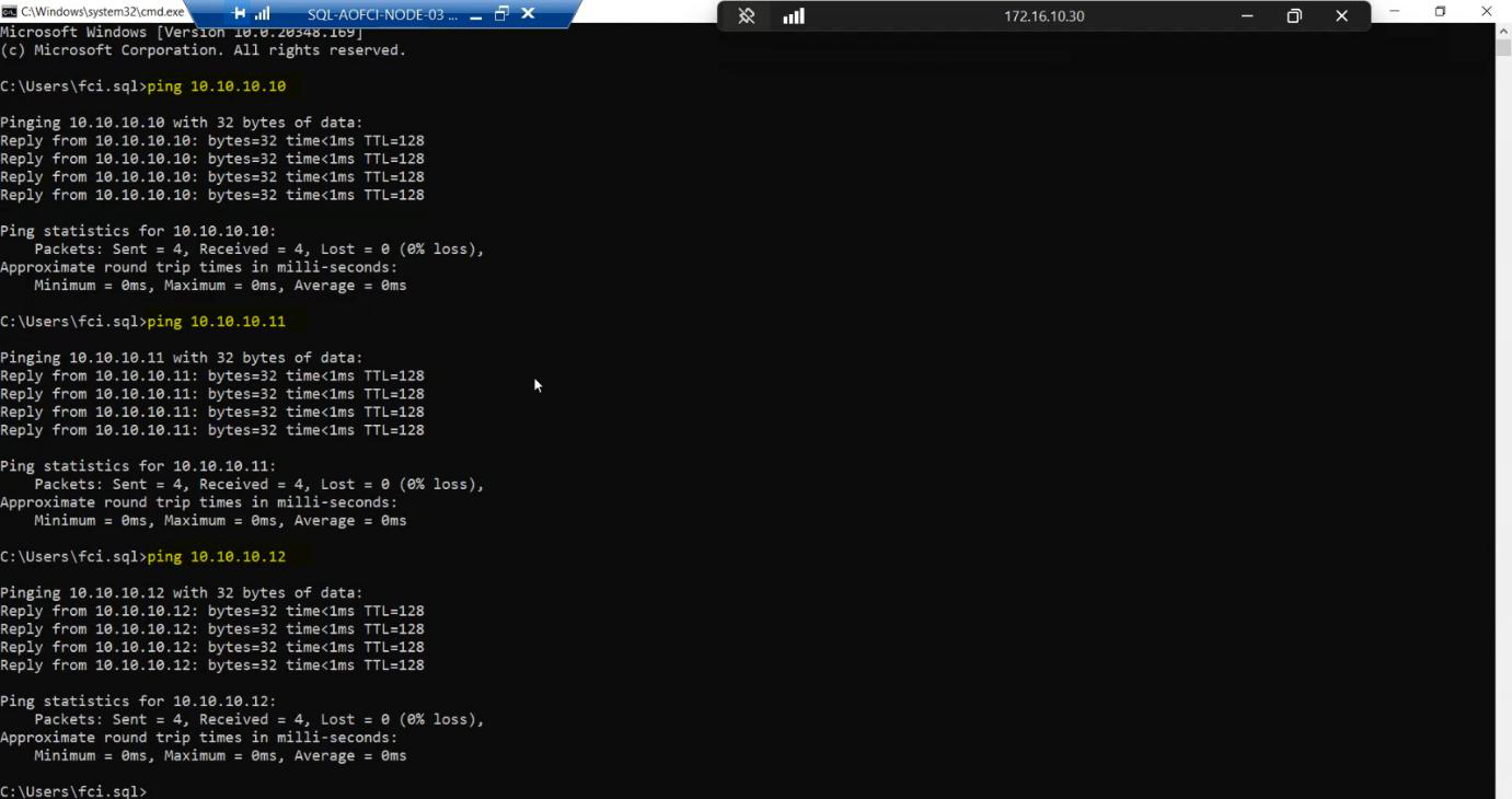 Command Prompt on Node-03 running ping tests on the storage subnet with successful replies from 10.10.10.10 (SAN), 10.10.10.11 (Node-01), and 10.10.10.12 (Node-02)