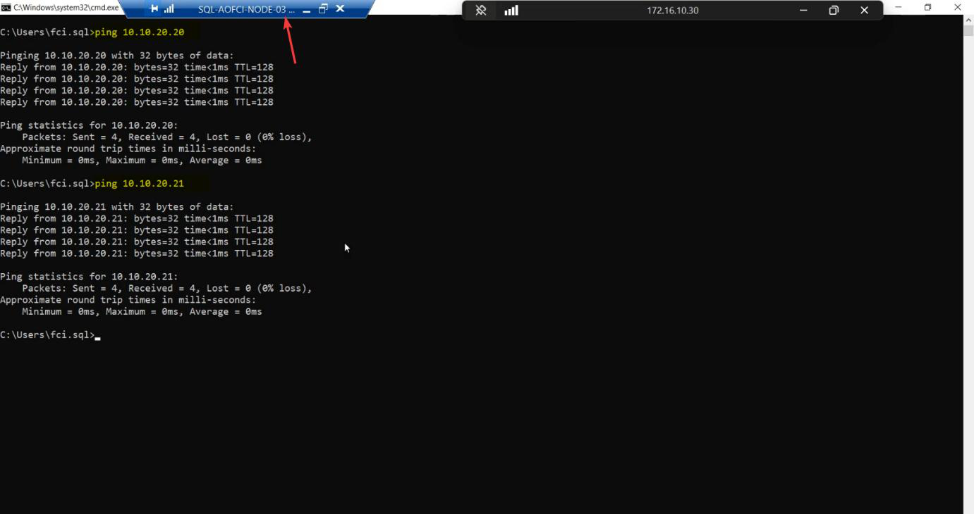Command Prompt on Node-03 running ping tests on the heartbeat subnet with successful replies from 10.10.20.20 (Node-01) and 10.10.20.21 (Node-02), the verification that the new node can participate in cluster heartbeat