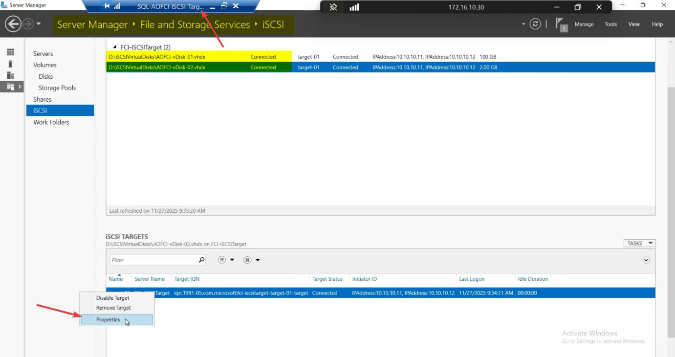 iSCSI Target Properties dialog on the SAN VM with the Initiators tab open showing the existing initiators for Node-01 and Node-02, the entry point for adding Node-03 to the ACL