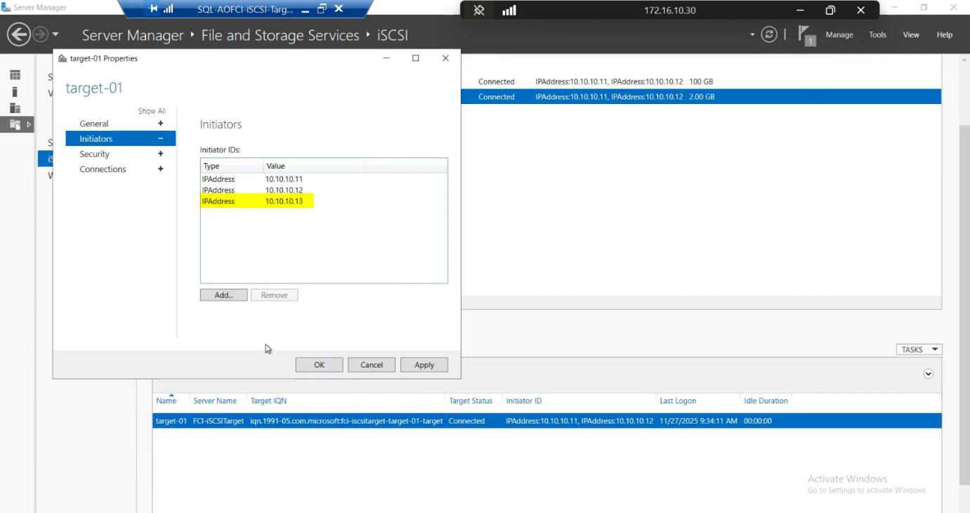 Add Initiator dialog with IP Address selected as the initiator type and 10.10.10.13 entered as the value, granting Node-03 storage access alongside the existing nodes