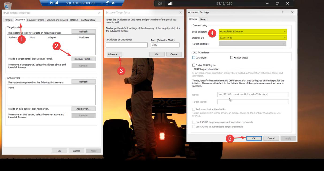 iSCSI Initiator Properties Discovery tab on Node-03 with Discover Target Portal Advanced settings showing Local Adapter Microsoft iSCSI Initiator and Initiator IP 10.10.10.13
