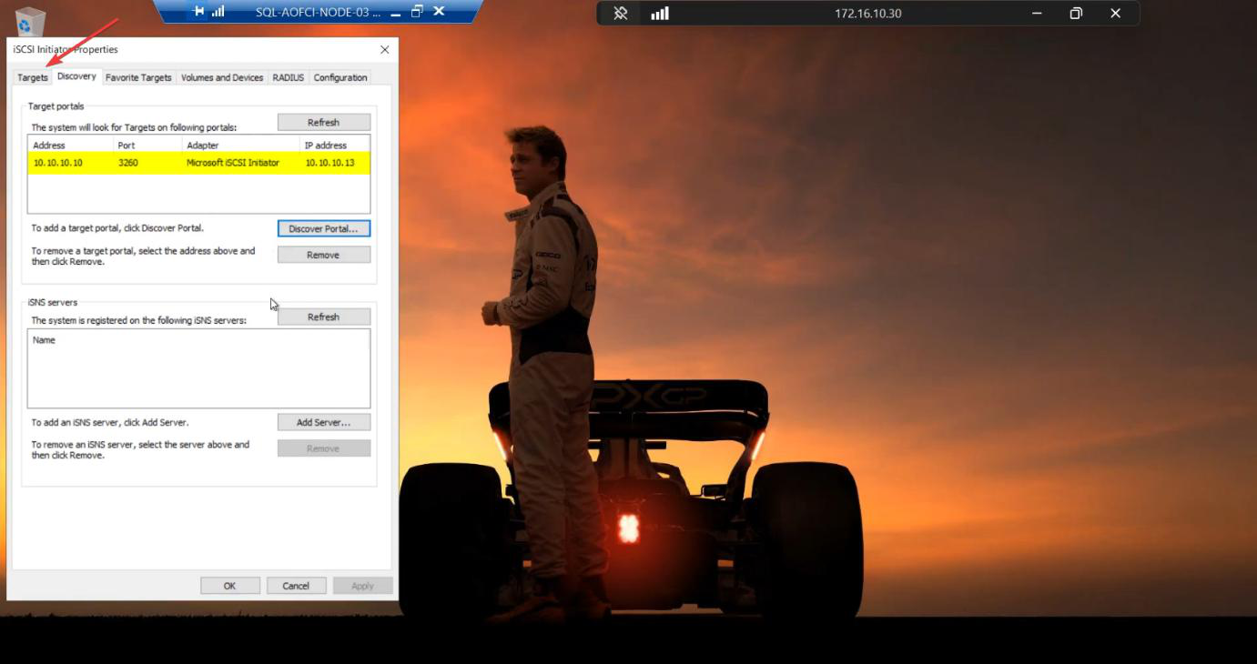 Discover Target Portal dialog on Node-03 entering the SAN portal IP 10.10.10.10 the same target the other nodes connect to