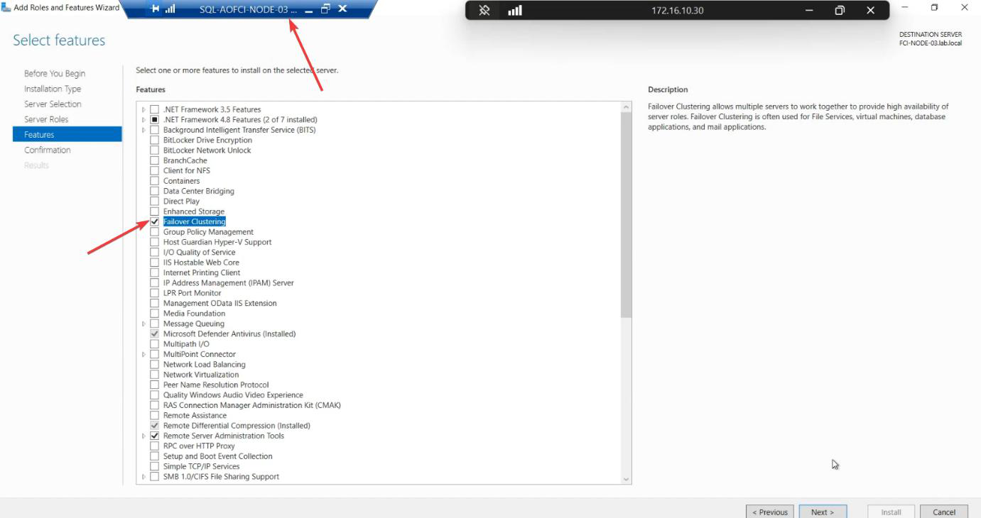 Add Roles and Features Wizard on Node-03 with Failover Clustering ticked in the Features pane, the same step that prepared Node-01 and Node-02 for the cluster