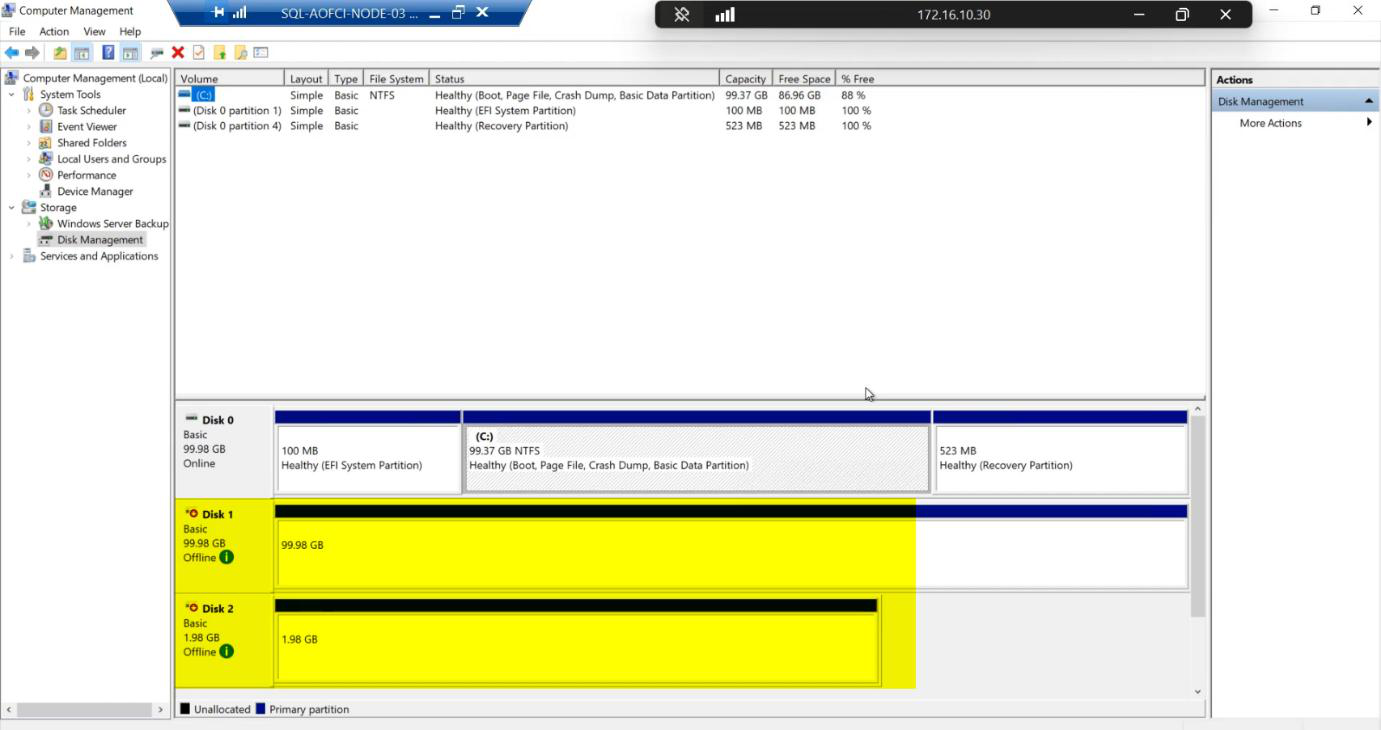 Disk Management on Node-03 showing the same shared disks (100 GB SQL-Data and 2 GB Quorum) as Offline and Reserved, the correct state for a node that does not currently own the cluster role