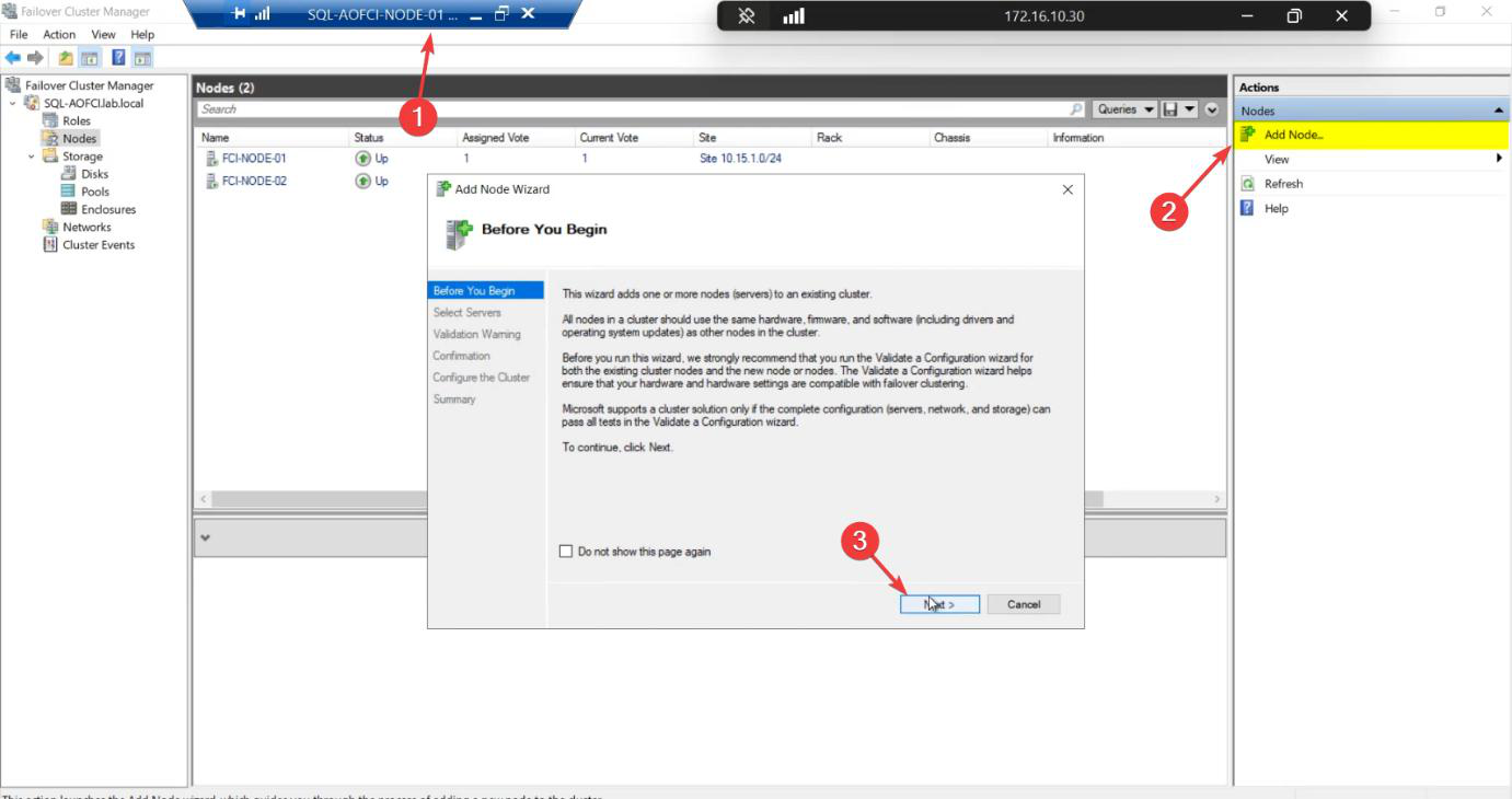 Failover Cluster Manager on Node-01 with the Action pane open showing the Add Node link highlighted, the entry point for joining Node-03 to the existing cluster