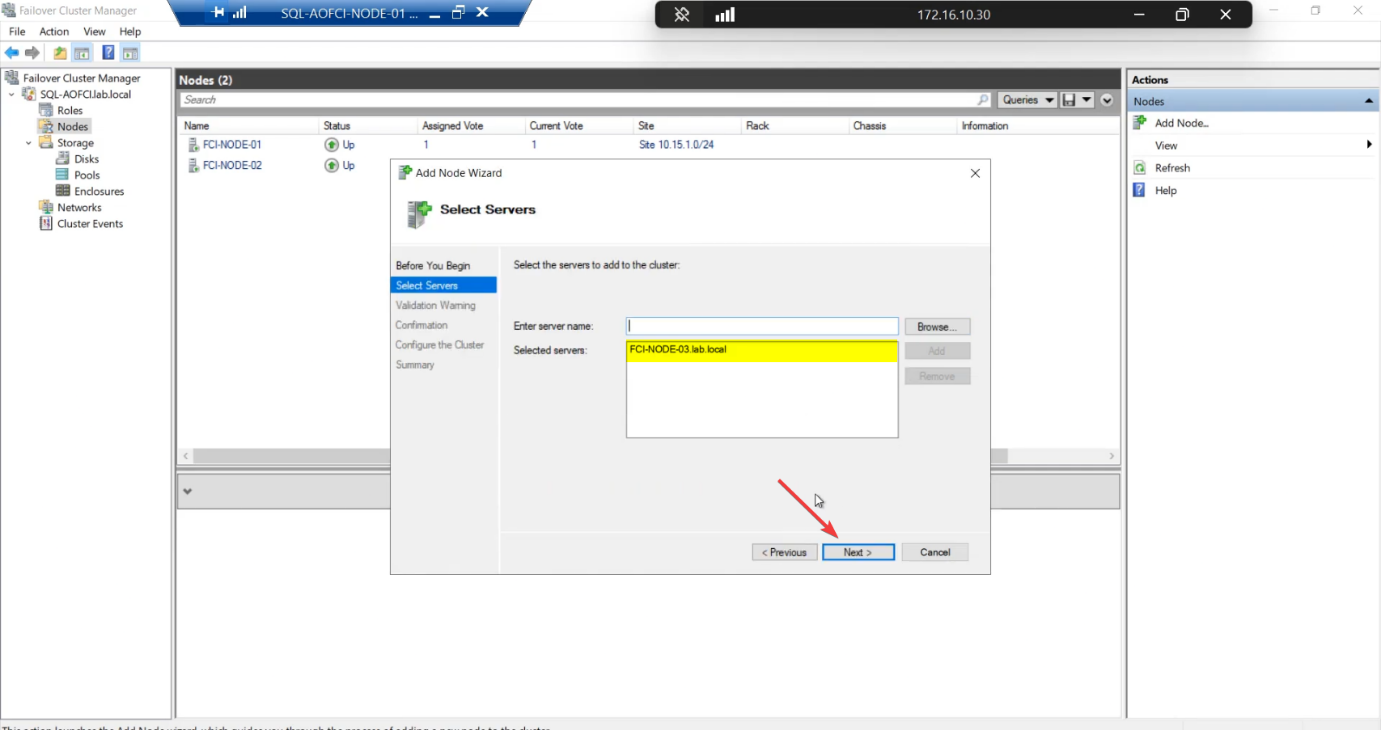 Add Node Wizard Select Servers step with Node-03 entered and validated by name resolution against AD, ready to be added