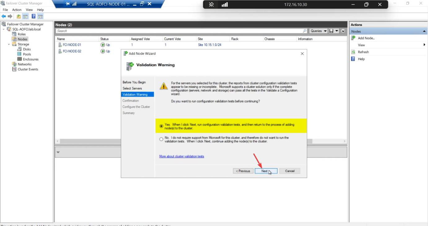 Validation Warning prompt with Yes selected to run configuration validation tests before adding the node, the safe option that ensures Microsoft-supported configuration