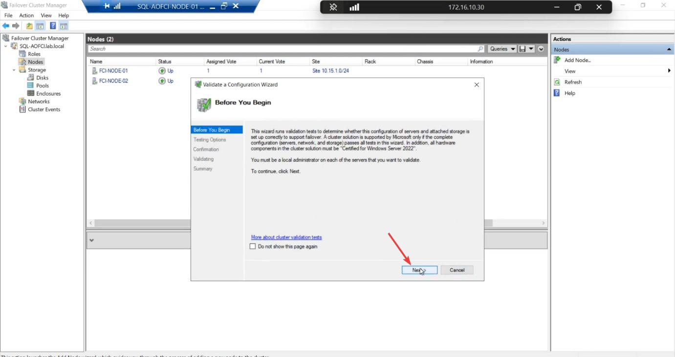 Validate a Configuration Wizard Testing Options step with Run all tests (recommended) selected to exercise the new node against existing infrastructure