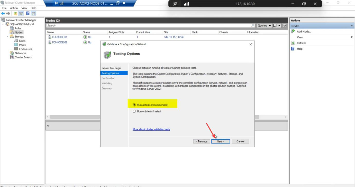 Confirmation step listing all the validation tests that will run including network connectivity, storage path, and system compatibility checks