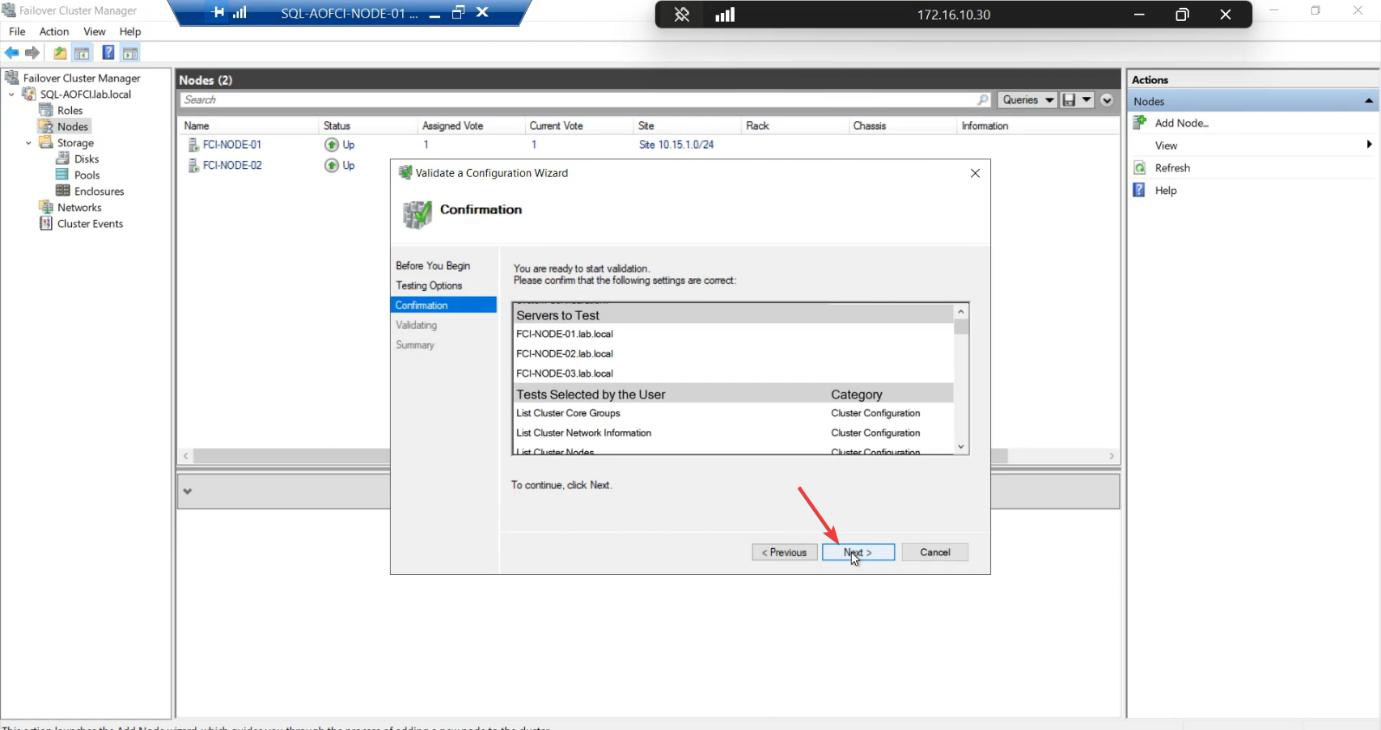 Validation tests in progress showing the wizard exercising real IO and ICMP across all nodes including Node-03