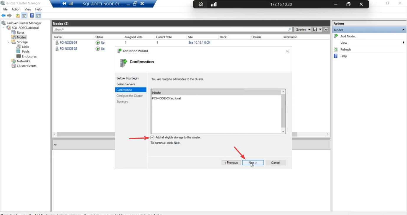 Add Node Wizard Confirmation step with Add all eligible storage to the cluster ticked, confirming Node-03 access to the existing shared LUNs