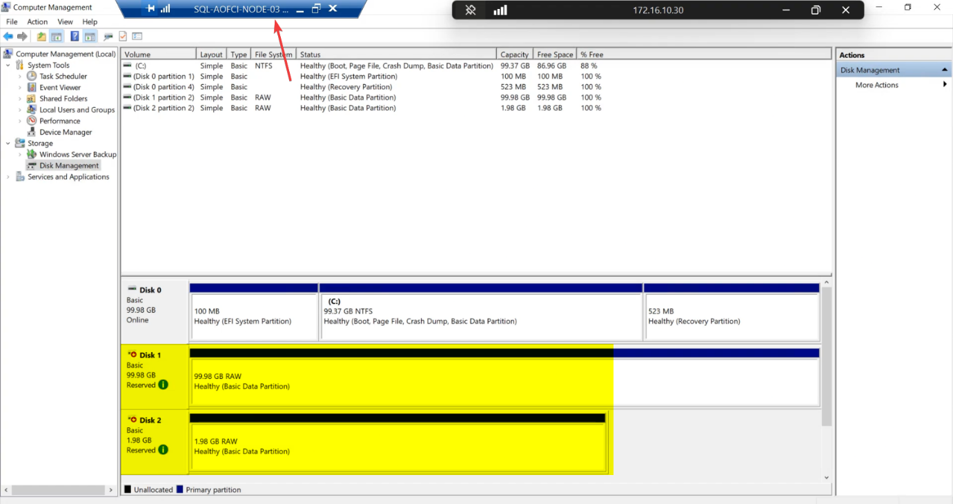 Disk Management on Node-02 (or Node-03) showing the cluster disks with Reserved status indicating the SCSI persistent reservation held by Node-01 (the current owner) is correctly preventing the other nodes from accessing the disks