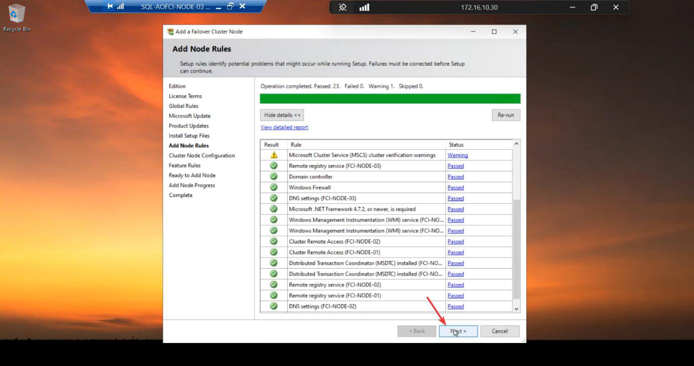 Add Node Rules step with all checks green confirming Node-03 is compatible with the existing AOFCI instance