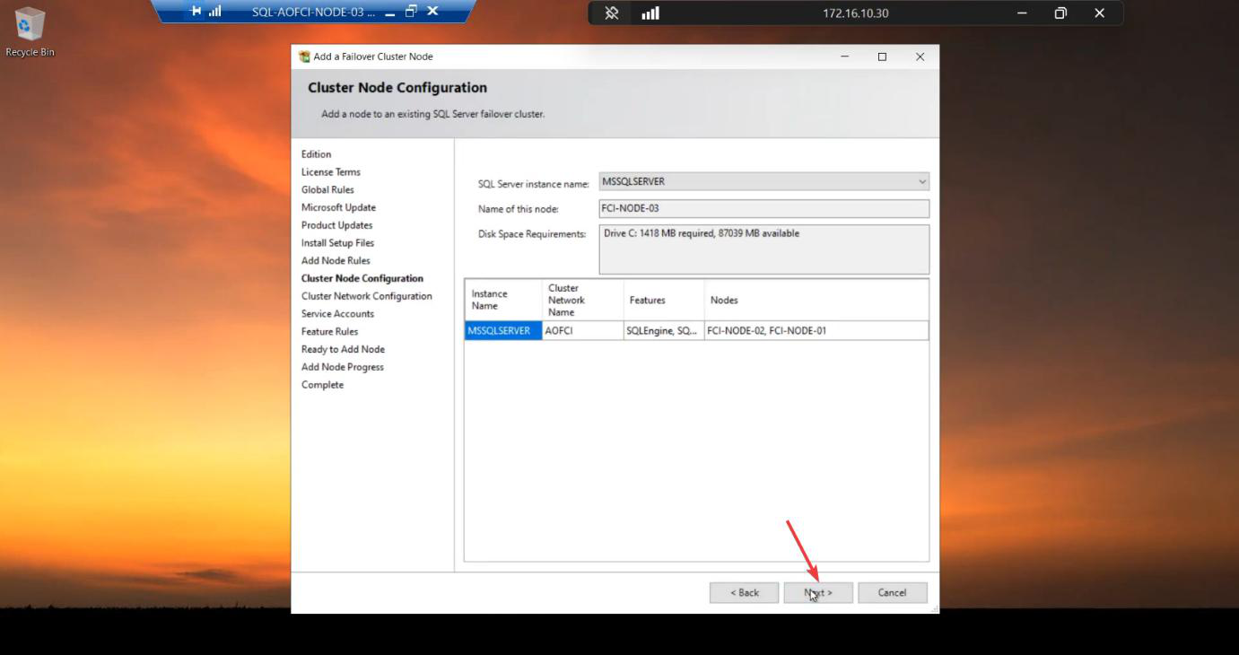 Cluster Node Configuration step with the wizard auto-detecting Cluster Network Name AOFCI and Node Name Node-03 ready to join the existing instance
