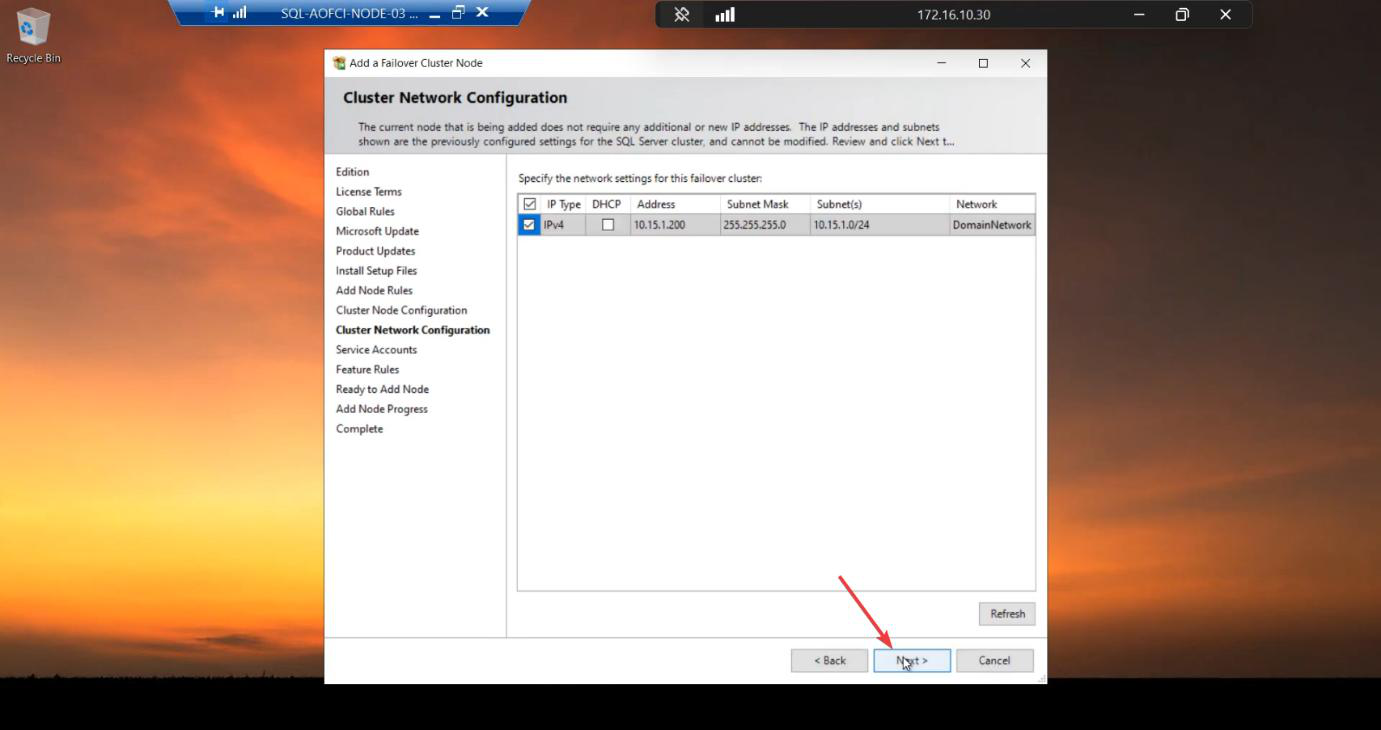 Network Configuration step displaying the existing VIP 10.15.1.200 reserved for AOFCI with no changes needed since the IP is owned by the cluster