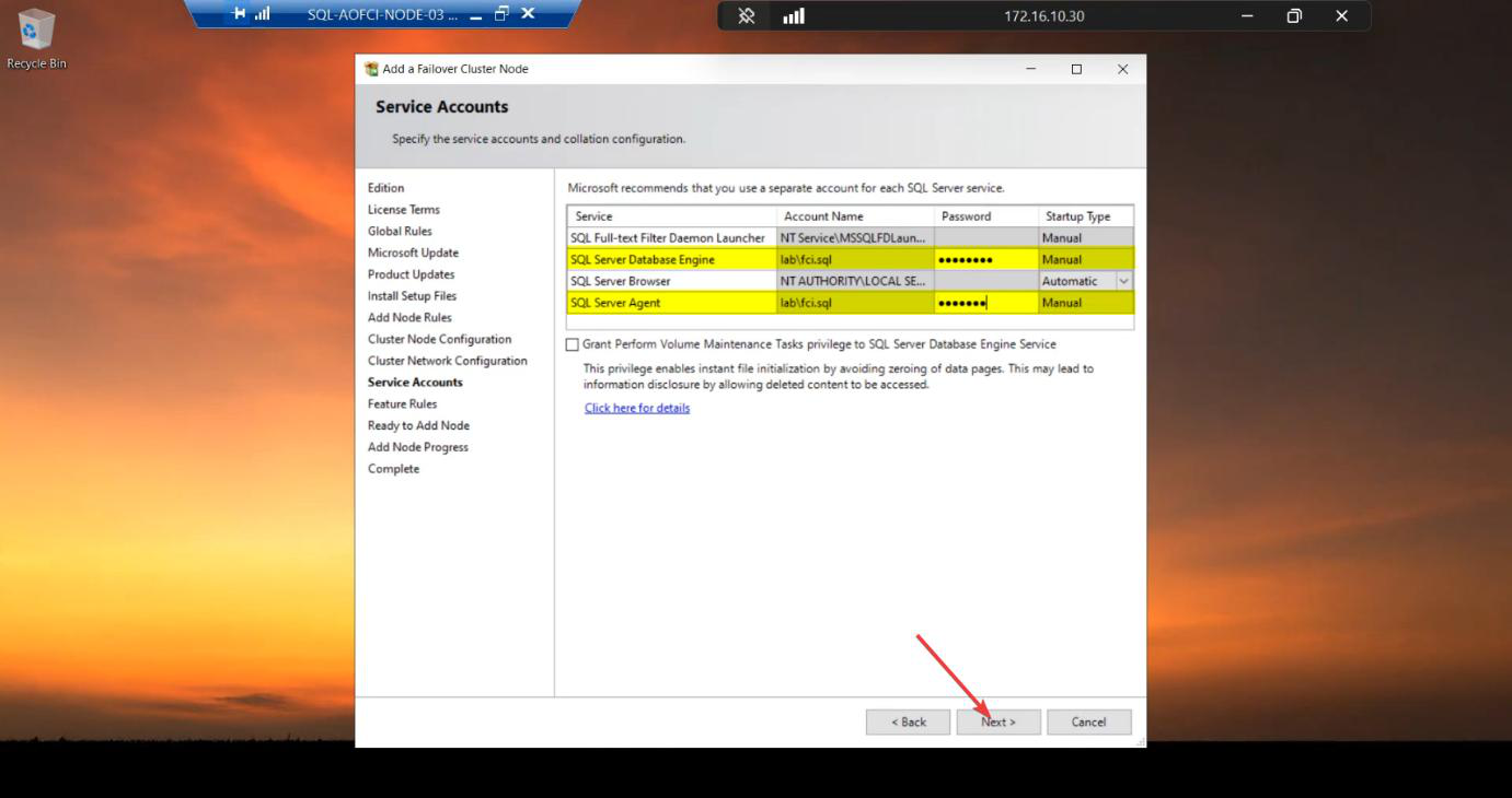 Service Accounts step prompting for the SQL Server Database Engine and SQL Server Agent service account password (svc_sql) so Windows can grant Logon as a Service rights on Node-03