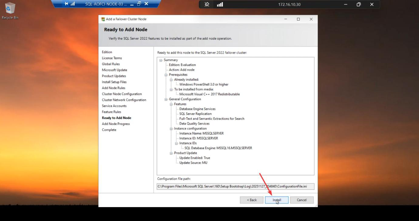 Add Node installation completed dialog showing all features green Succeeded with the restart prompt visible (do not reboot yet, install SSMS first)