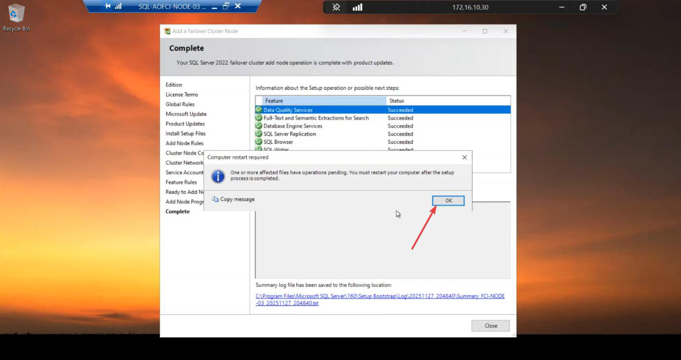 Restart Computer dialog appearing after the SQL install but being deferred deliberately to install SSMS in the same boot cycle