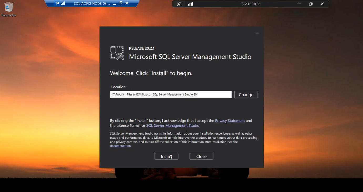 SQL Server Management Studio installer launched on Node-03 to install the management tools alongside the new SQL FCI registration
