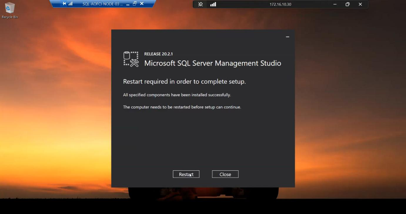 SSMS installation in progress with the progress bar showing the management tools being installed on Node-03