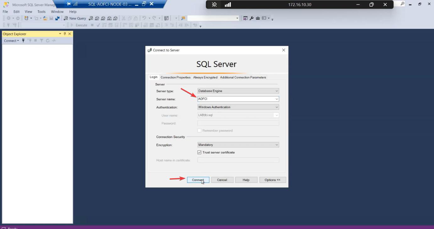 SSMS Connect to Server dialog on Node-03 with Server Name AOFCI entered and Windows Authentication selected, the verification that SQL is reachable from the new node