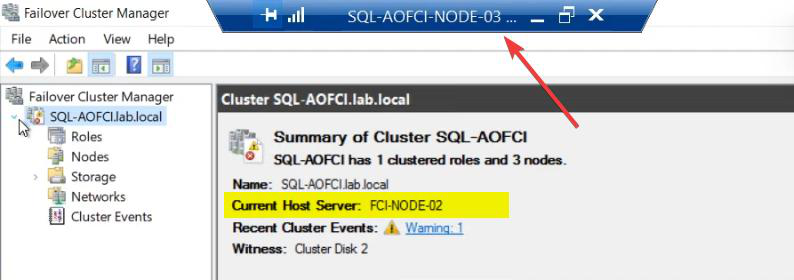 Failover Cluster Manager on Node-03 showing the SQL Server (MSSQLSERVER) role still owned by Node-02 (where it landed after the Part 8 failover test), no auto-failover triggered by Node-03 install