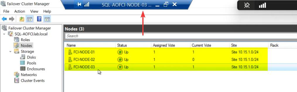 FCM Nodes pane on Node-03 showing all three nodes (Node-01, Node-02, Node-03) with status Up, the visual confirmation that the 3-node SQL FCI is fully operational