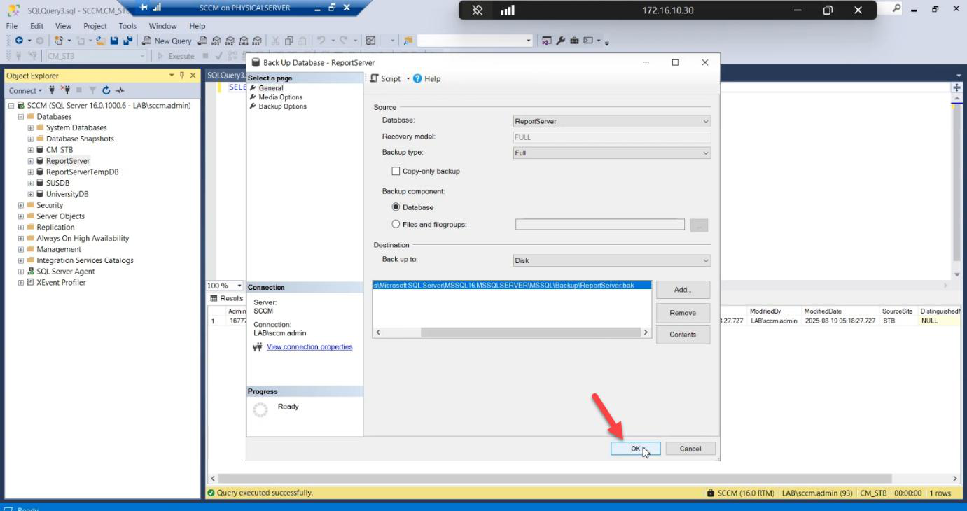 Back Up Database dialog with the destination set to a known local path on the legacy server, the .bak file that will be transferred to the cluster