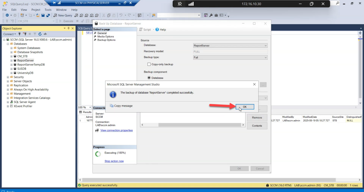 Backup completion dialog confirming the database has been backed up successfully on the source server