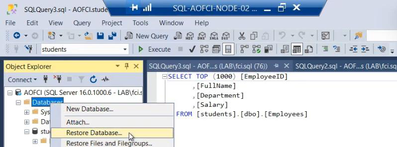 SSMS on Node-02 with right-click on Databases showing Restore Database menu open, the entry point for migrating the .bak into the cluster