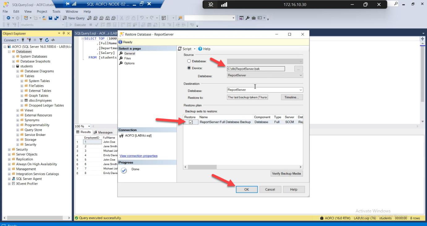 Restore Database dialog with the Device option selected and the .bak file location browsed to and added as the source