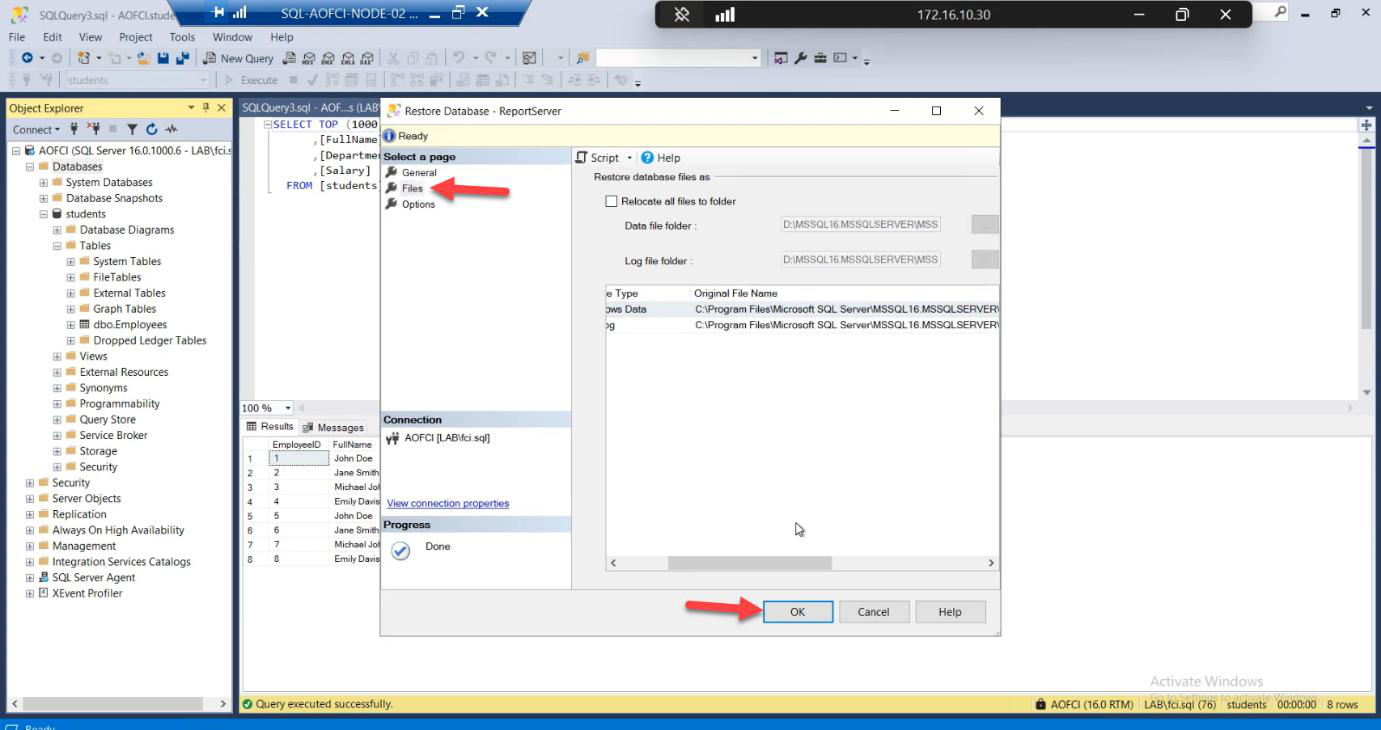 Restore Database Files page showing the .mdf and .ldf restore paths repointed from the legacy local path to the cluster shared disk path (S:\\MSSQL\\DATA), the critical step that ensures the data lives on the SAN not local disk