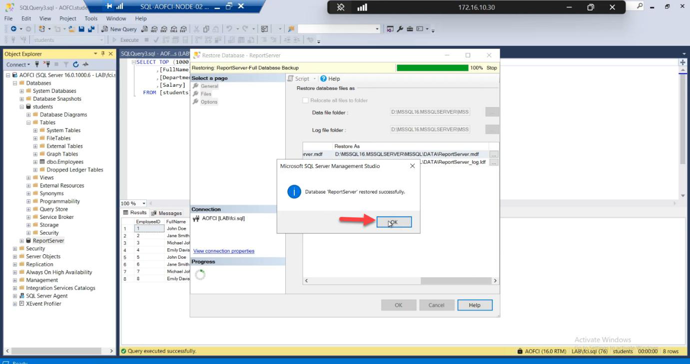 Restore Database Options page reviewing the configuration before clicking OK to start the restore