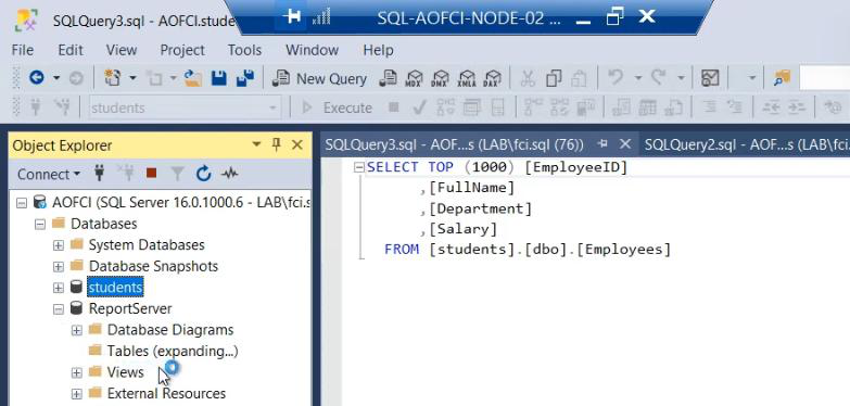 SSMS on Node-03 connected to AOFCI showing the newly restored database visible in Object Explorer Databases tree, demonstrating that shared storage means every node has potential access the moment failover happens