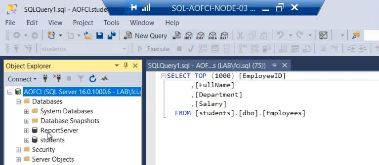 Same SSMS query on Node-03 returning data from the restored database, the read test confirming data accessibility from any node via the AOFCI virtual identity