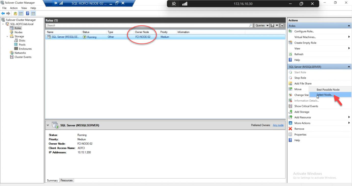 Failover Cluster Manager Roles pane on Node-02 with right-click context menu showing Move > Select Node menu item, the entry for manual failover” /><figcaption>Phase B &mdash; the manual failover demo. Setup: open Command Prompt on a neutral machine, run <code>ping 10.15.1.200 -t</code>. Then on N2: FCM > Roles > right-click SQL Server > <strong>Move</strong> > Select Node.</figcaption></figure>
<p>On Node-02: FCM > Roles > right-click <strong>SQL Server (MSSQLSERVER)</strong> > <strong>Move</strong> > Select Node.</p>
<figure class=