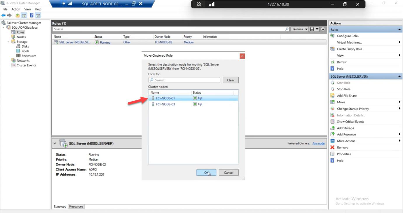 Move Clustered Role dialog with Node-01 selected as the target for manual move, the controlled failover from current owner Node-02 to Node-01