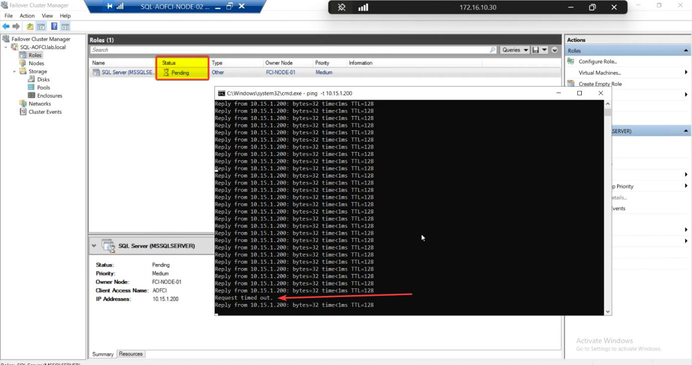 Command Prompt on a separate VM running ping 10.15.1.200 -t showing continuous successful replies with at most one Request Timed Out during the manual failover, the live downtime measurement